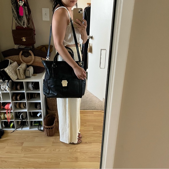 Mark Cross Genuine Black Leather Satchel Tote Bag Purse Cross Body Gold HW - Picture 3 of 15